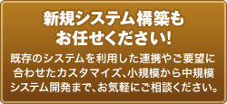 新規システム構築もお任せください！　既存のシステムを利用した連携やご要望に合わせたカスタマイズ、小規模から中規模システム開発まで、お気軽にご相談ください。